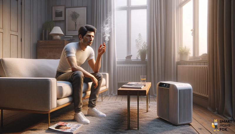 Man sitting in a room and smoking with an air purifier.